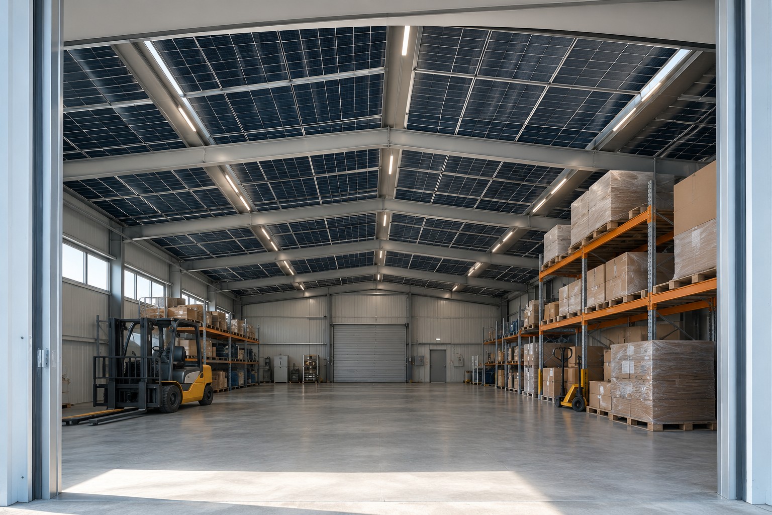 Innovative Photovoltaik-Indachlösung von Wolf-Solar in einer Lagerhalle